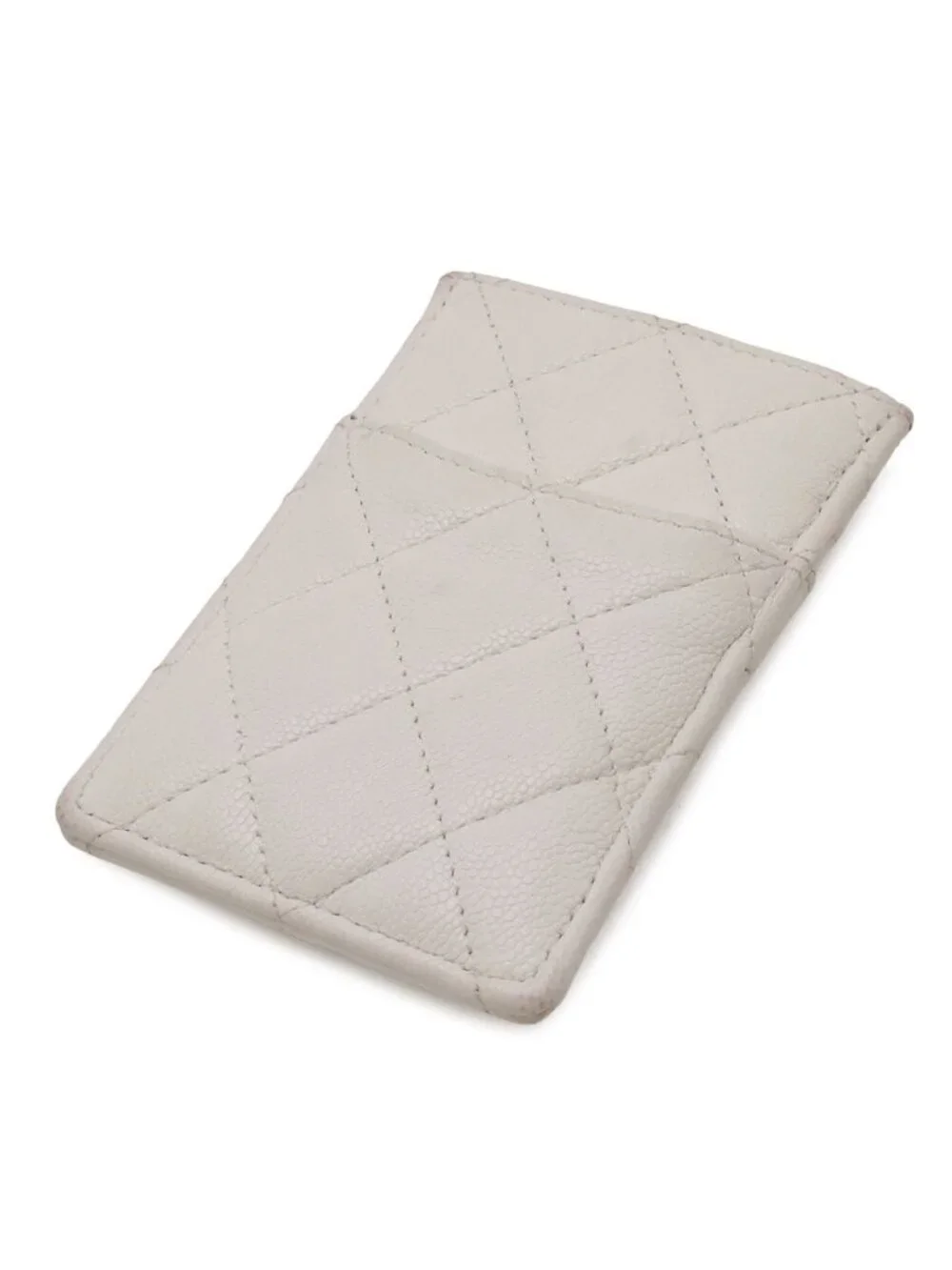 Chanel Quilted CC Logo Card Case Business Holder Caviar Leather Ivory White Gold